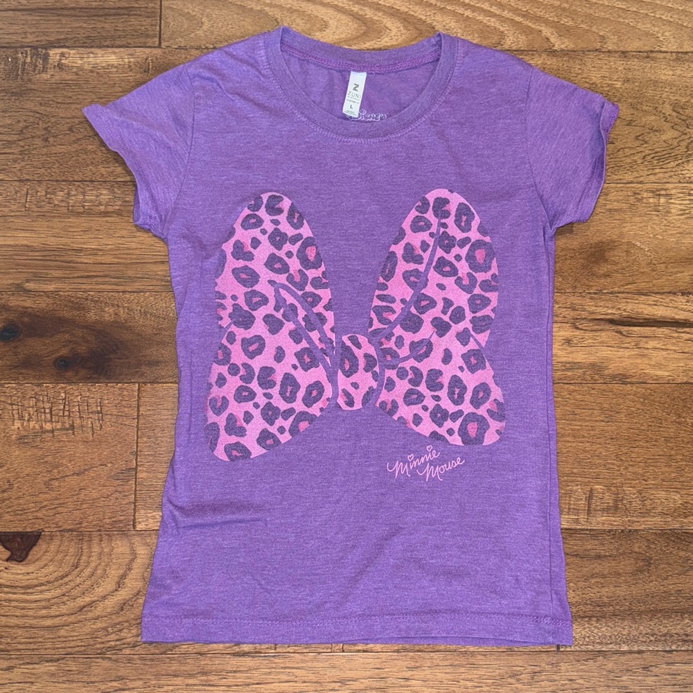 Disney Minnie Mouse Purple Animal Print Bow Girls T-Shirt - Size L - Zuni